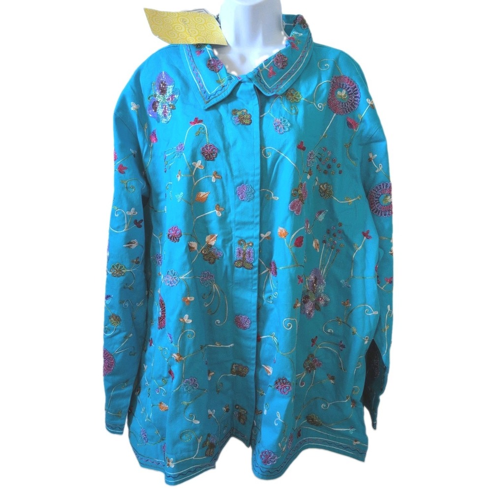 Quacker Factory Turquoise Blue Embroidered Beaded Floral Jacket Shirt 3X - New